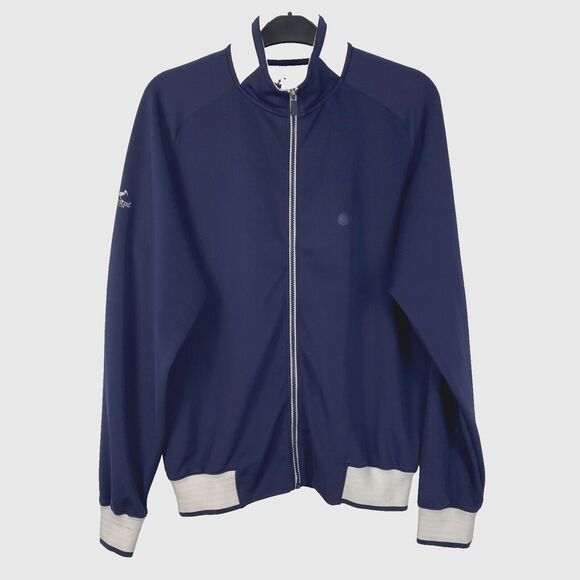 F&G Tech Golf Jacket Sweater Full Zip Size‎ M Blue White Pockets Logo - Picture 1 of 15